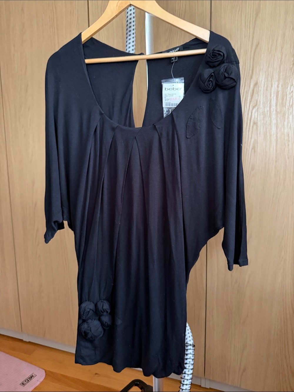 bebe Black Long Sleeve Scoop-Neck Top with Rosette Accents